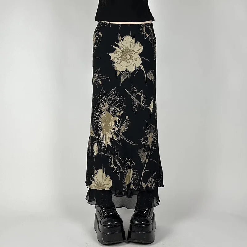 Goth Dark Y2K Aestheics Double Layer Mesh A-line Skirt Women Fashion Florals Print Slim Skirts Fairy Streetwear Gothic Bottoms