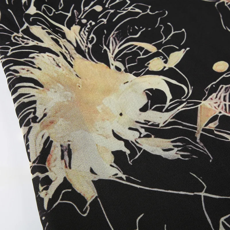 Goth Dark Y2K Aestheics Double Layer Mesh A-line Skirt Women Fashion Florals Print Slim Skirts Fairy Streetwear Gothic Bottoms