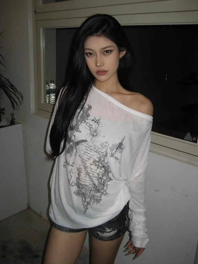 Shirts Graphic Tee Long Sleeve Loose T-shirt Slightly Transparent Thin T Shirt Y2K See Through Tops Women Korean Fashion 2024