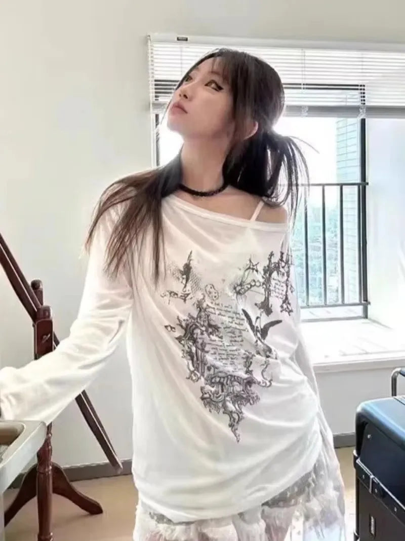 Shirts Graphic Tee Long Sleeve Loose T-shirt Slightly Transparent Thin T Shirt Y2K See Through Tops Women Korean Fashion 2024