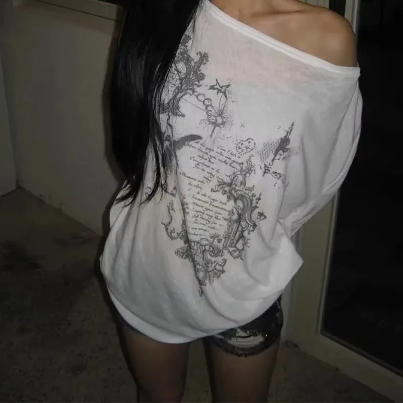 Shirts Graphic Tee Long Sleeve Loose T-shirt Slightly Transparent Thin T Shirt Y2K See Through Tops Women Korean Fashion 2024
