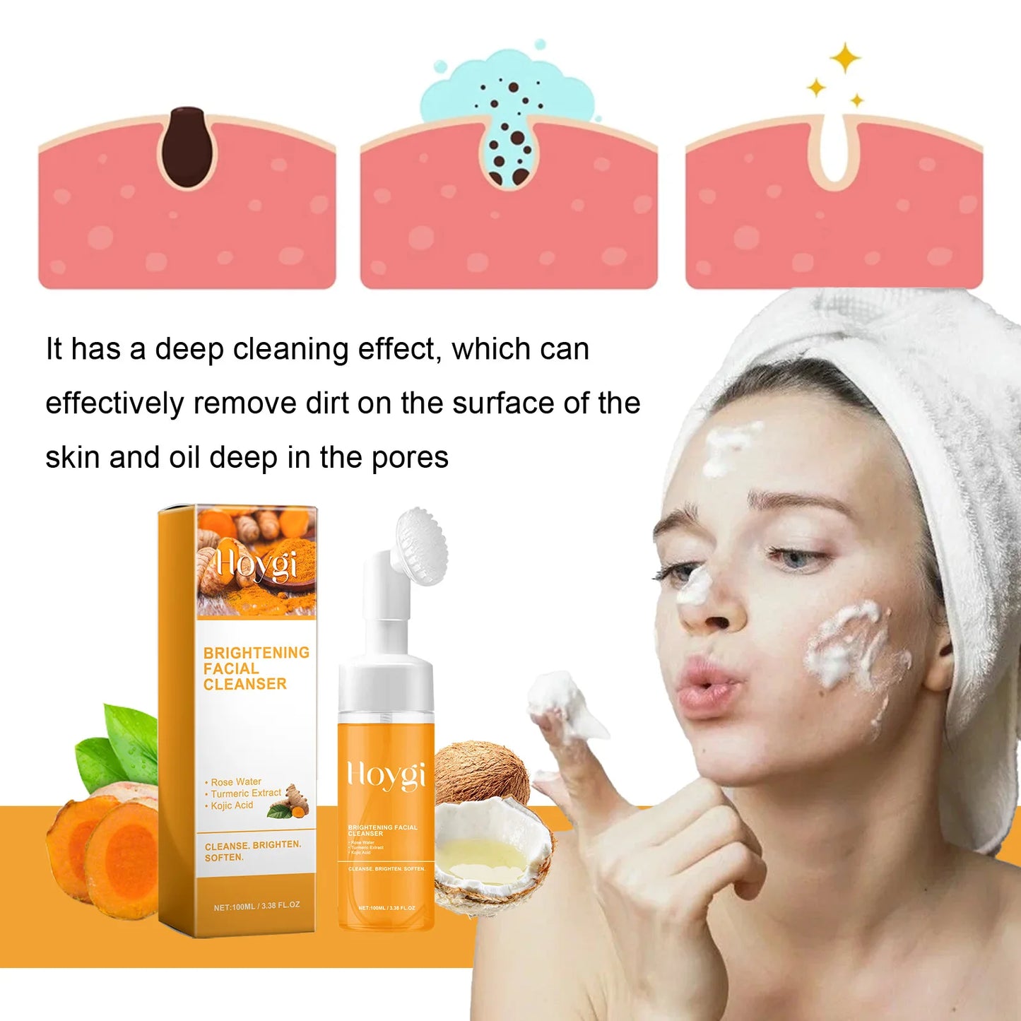 Hoygi Brightening Facial Cleanser Oil Control Deep Cleansing Softening Skin Smoothing Natural Formula Turmeric Foaming Cleanser