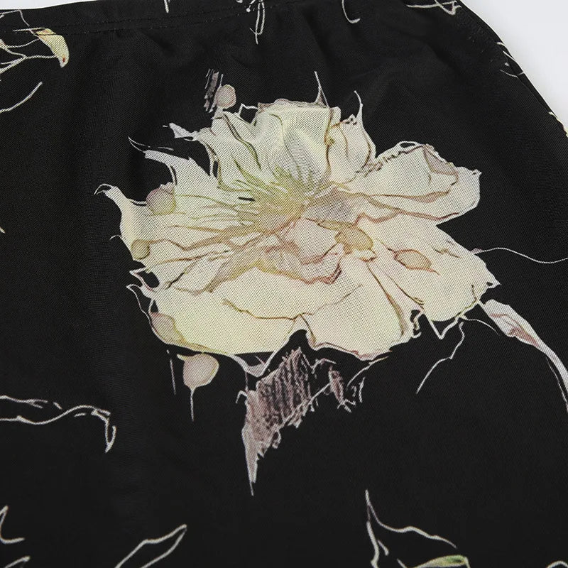 Goth Dark Y2K Aestheics Double Layer Mesh A-line Skirt Women Fashion Florals Print Slim Skirts Fairy Streetwear Gothic Bottoms