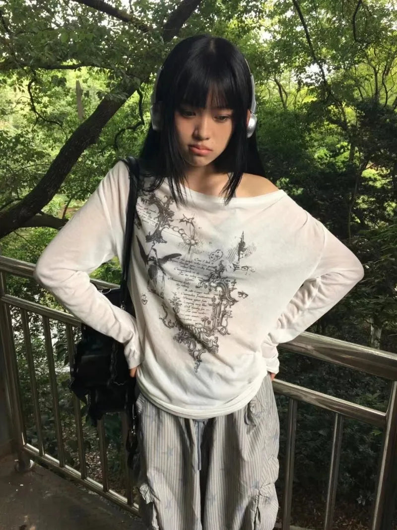 Shirts Graphic Tee Long Sleeve Loose T-shirt Slightly Transparent Thin T Shirt Y2K See Through Tops Women Korean Fashion 2024