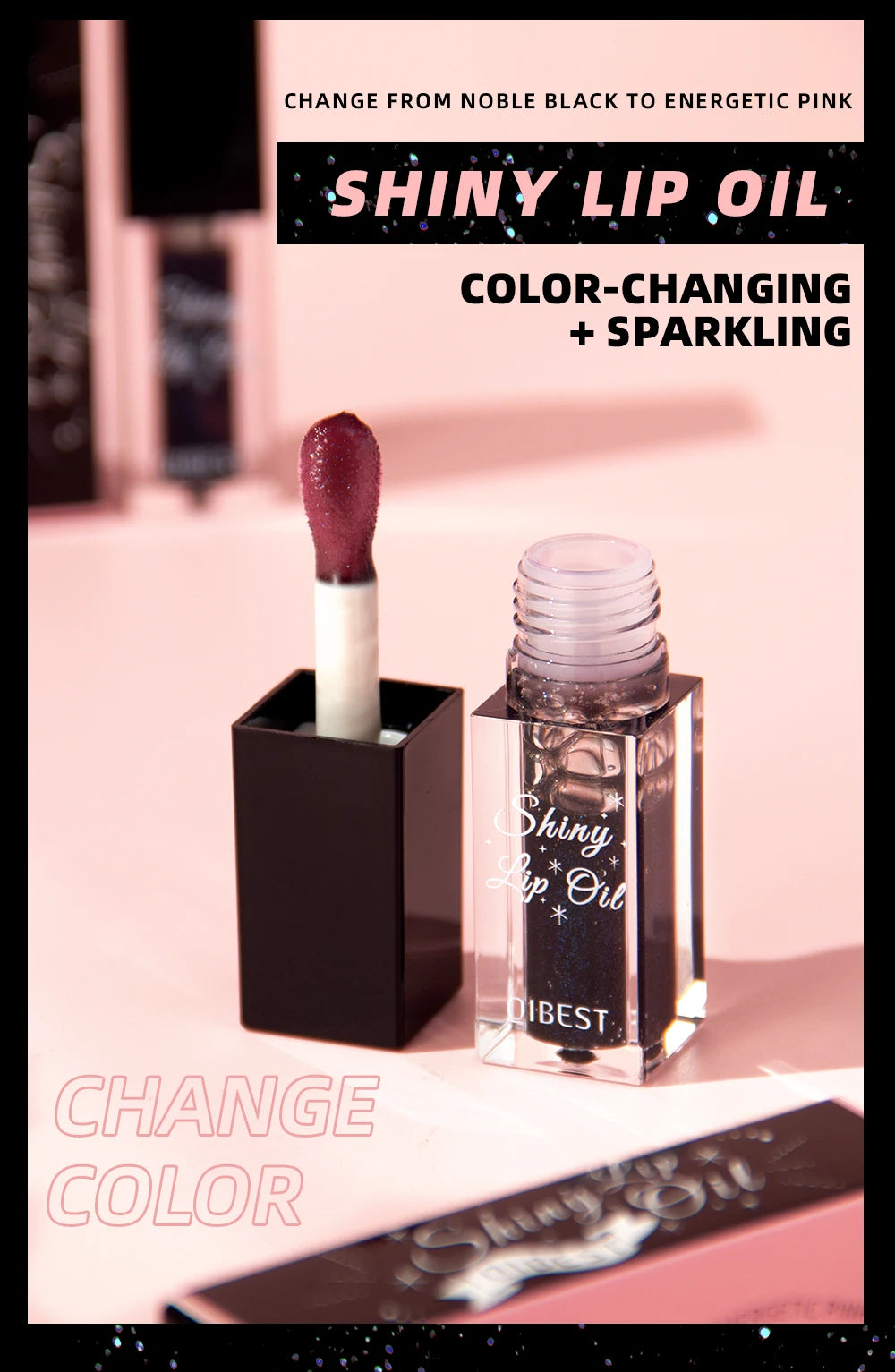QIBEST Mirror Black Lip Oil Color Changing Lipstick Moisturizing Shiny Lip Gloss Oil Plumping Lasting Diamond Lipgloss Cosmetics