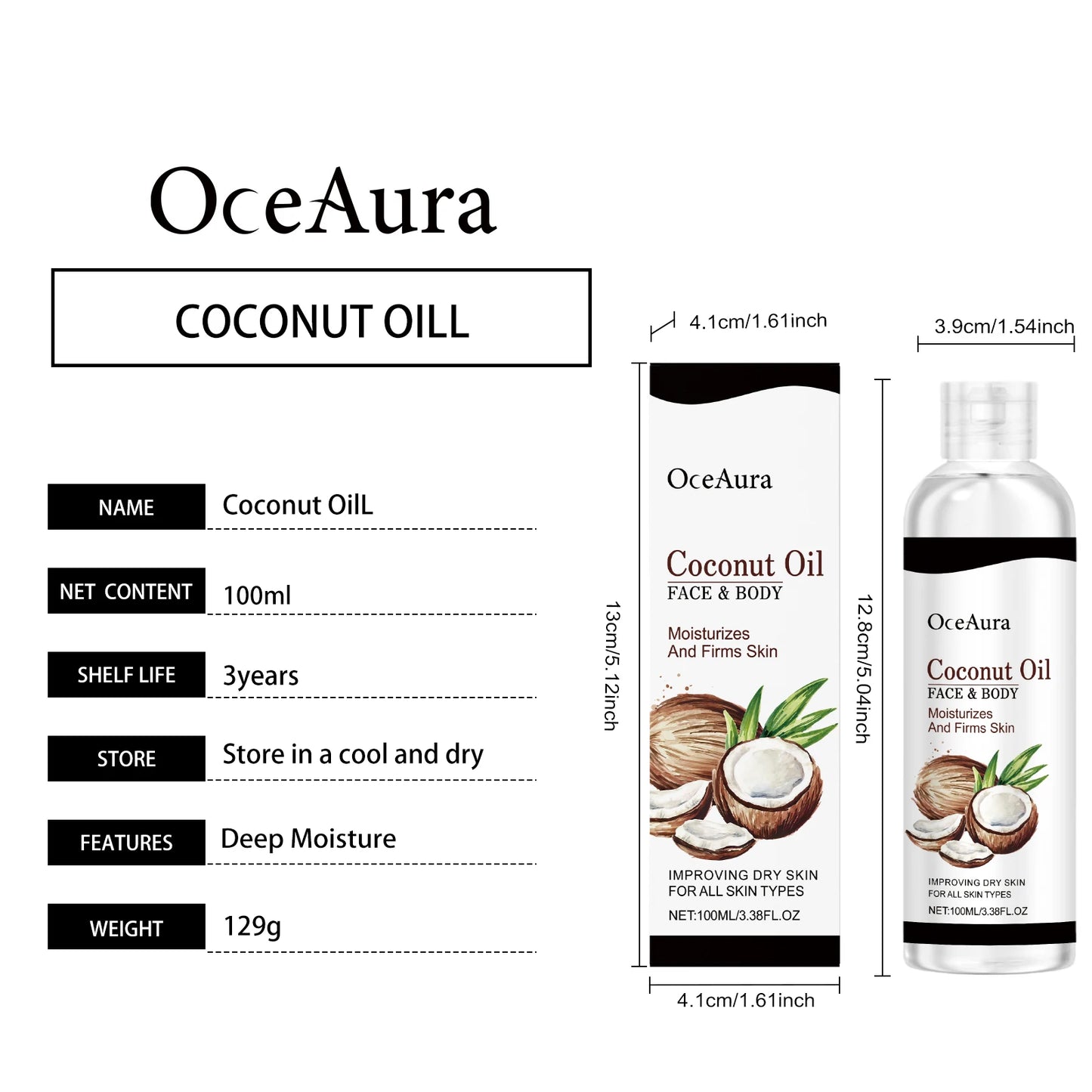 Coconut Oil for Skin & Body 100ml Natural Moisturizing Dry Oil Nourishing & Hydrating Tropical Scent Non Greasy Fast Absorbing