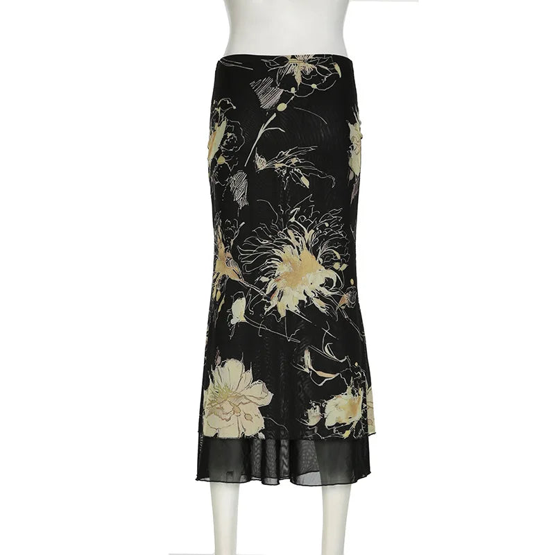 Goth Dark Y2K Aestheics Double Layer Mesh A-line Skirt Women Fashion Florals Print Slim Skirts Fairy Streetwear Gothic Bottoms
