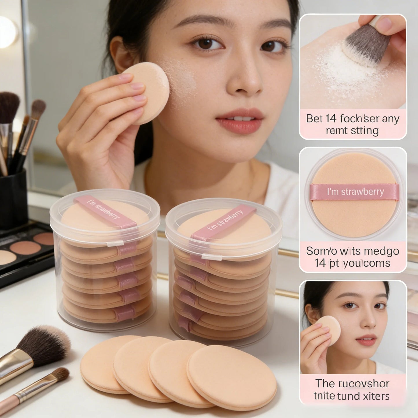 7 pieces of round ribbon-wrapped air-filled cushion powder applicators, suitable for both dry and wet use, non-powdery.
