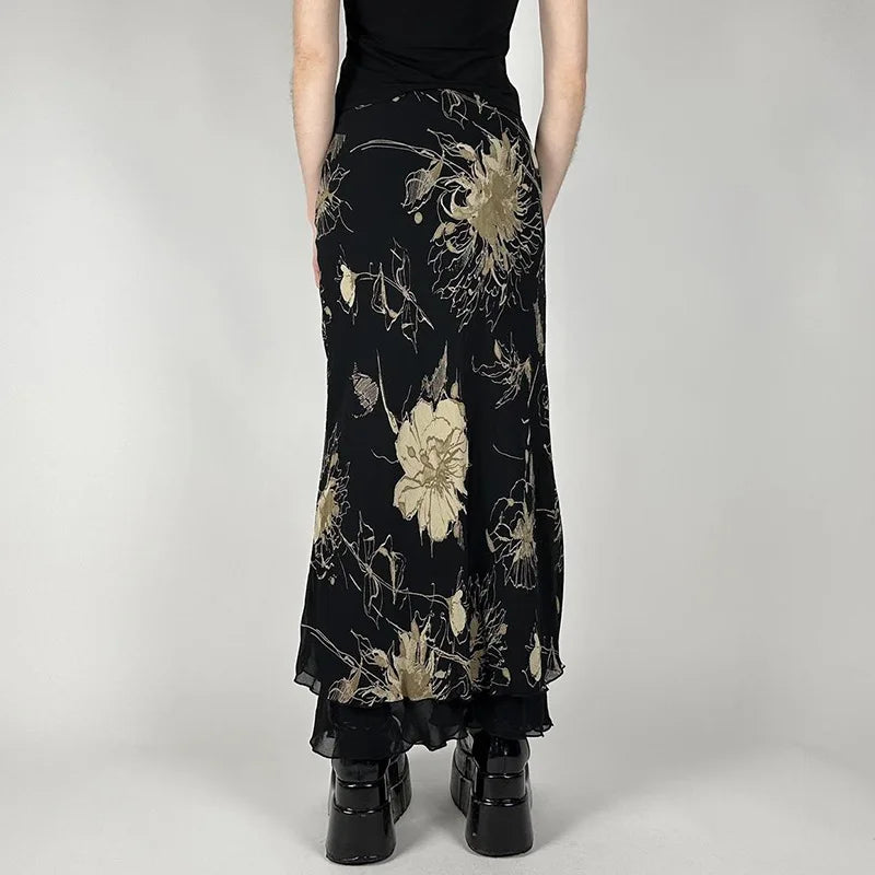 Goth Dark Y2K Aestheics Double Layer Mesh A-line Skirt Women Fashion Florals Print Slim Skirts Fairy Streetwear Gothic Bottoms