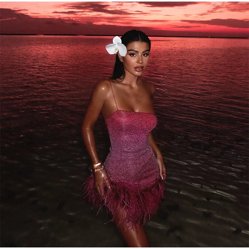 Feather Decoration Glitter Halter Dress Woman Slim Gradient Short Dresses Luxurious Shimmering Women's Vacation New Mini Dress